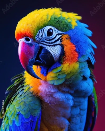A vibrant parrot with a colorful plumage, showcasing striking hues of blue, green, yellow, and red against a dark background.
