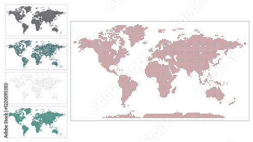 Abstract dotted world map design. Multiple shape world map vector design. Dotted map showcasing continents with a modern, minimalistic style. The abstract dotted world map design is on a white backgro