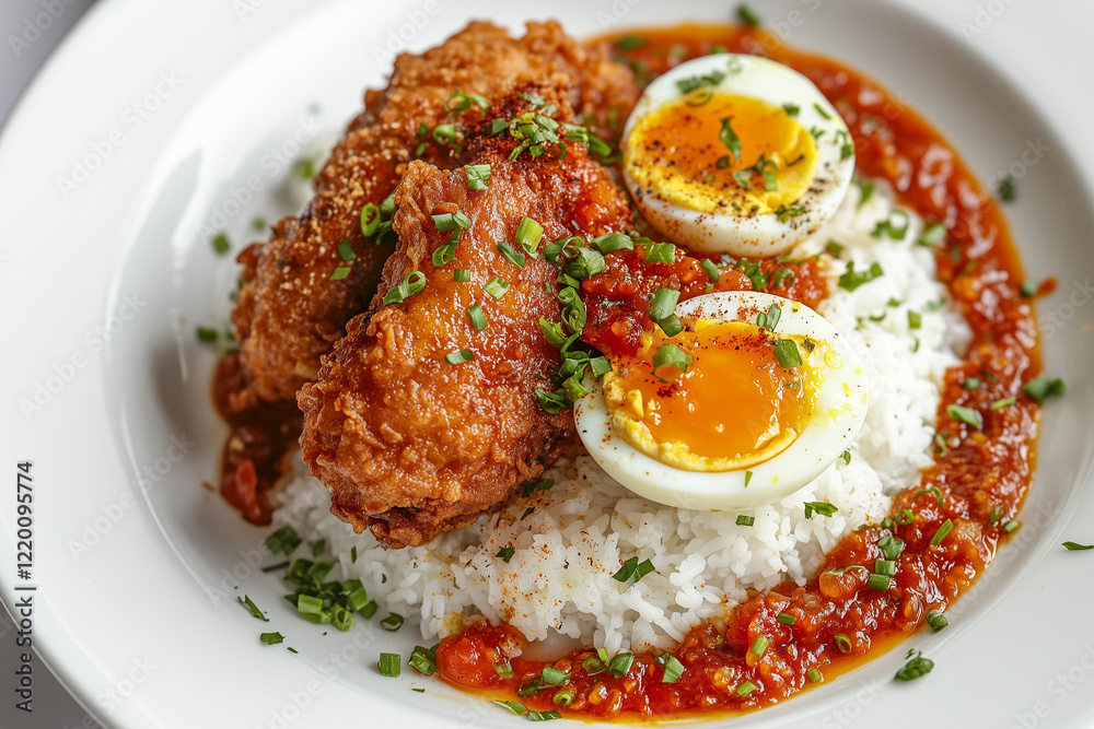 Crispy Fried Chicken with Soft Boiled Eggs and Spicy Sauce over Rice Crispy Fried Chicken with Soft Boiled Eggs and Spicy Sauce over Rice