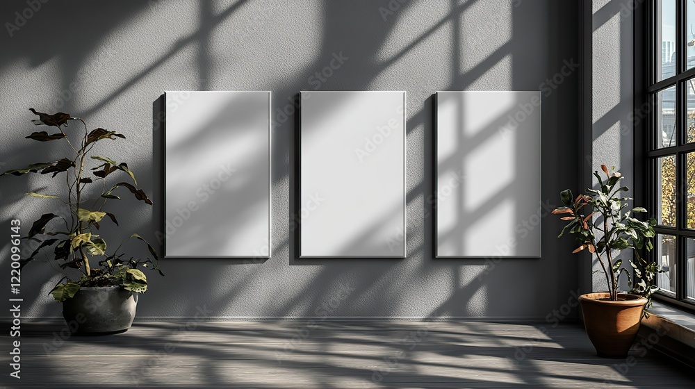 Fototapeta premium Three empty white menu mockups with shadows on gray wall. Flat lay.