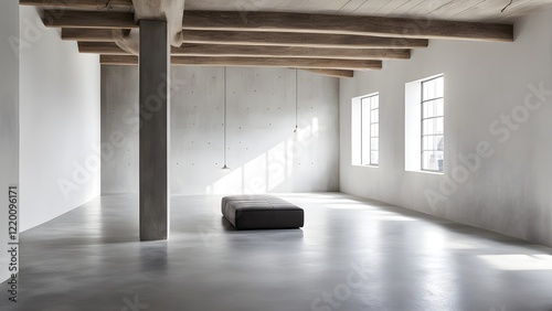 Modern minimalist interior with exposed wooden beams, concrete walls, large windows, and a low dark grey bench.
