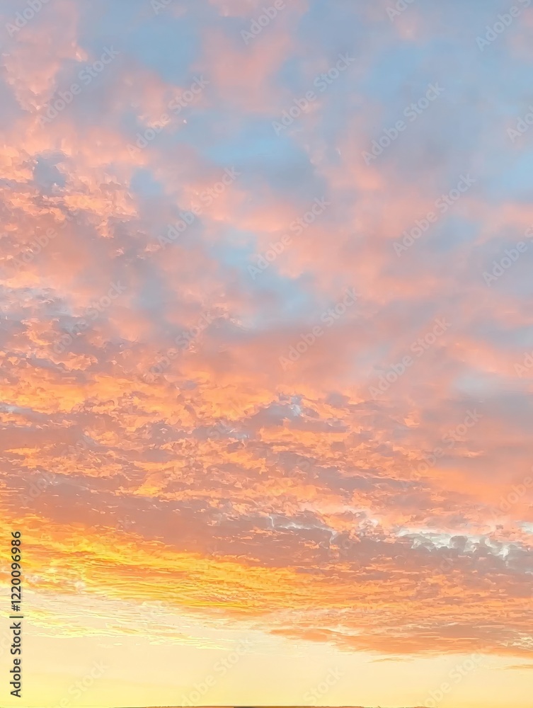 Fototapeta premium A beautiful sunset sky filled with soft pinks, oranges, and blues, showcasing fluffy clouds against a serene backdrop.
