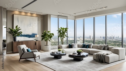 Modern luxury living room with panoramic city views, featuring a large sectional sofa, stylish coffee tables, and a minimalist color palette.