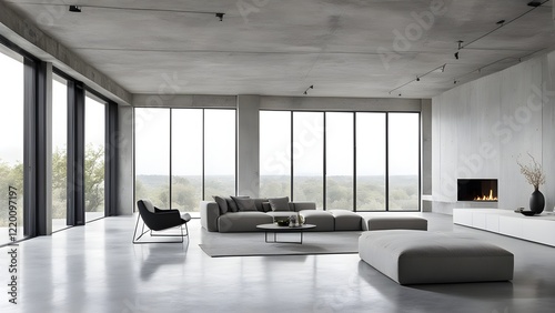 Modern minimalist living room with concrete walls, floor-to-ceiling windows offering scenic views, and a gray modular sofa set around a low coffee table, complemented by a sleek fireplace and a...