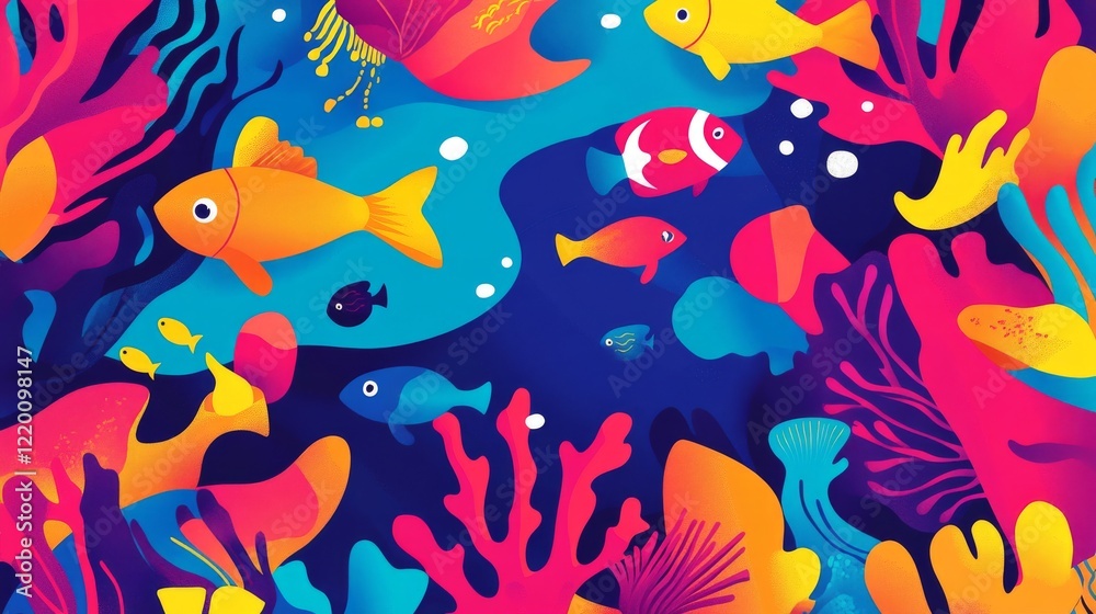 73.1. A colorful and playful flat cartoon illustration of a vibrant underwater world, with schools of fish swimming gracefully around coral reefs, surrounded by sea creatures in bright, bold colors 73.1. A colorful and playful flat cartoon illustration of a vibrant underwater world, with schools of fish swimming gracefully around coral reefs, surrounded by sea creatures in bright, bold colors