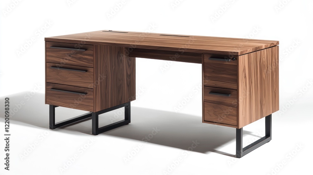 Stylish L shaped desk with three drawers and two cabinet doors on the right side, in a walnut wood color, black metal legs, white background, Stylish L shaped desk with three drawers and two cabinet doors on the right side, in a walnut wood color, black metal legs, white background,