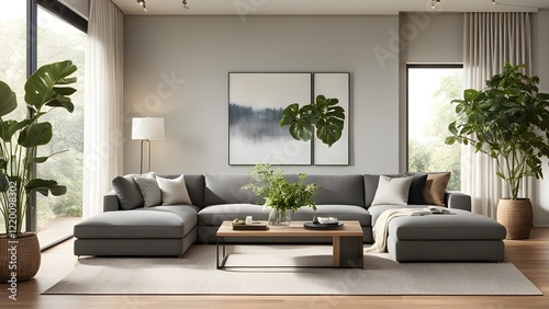 Modern gray sectional sofa with chaise lounge in a bright living room featuring large plants, artwork, and a minimalist coffee table.