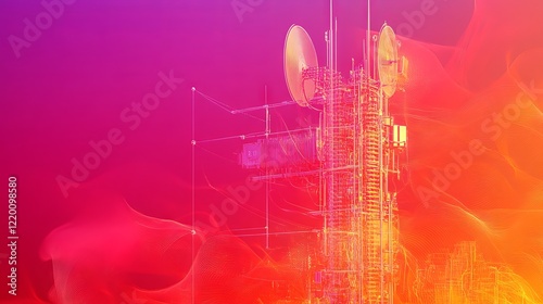 11.4. A detailed depiction of a mobile base station with multiple antenna segments, surrounded by soft radiation waves in a red and orange gradient, highlighting safety concerns. photo