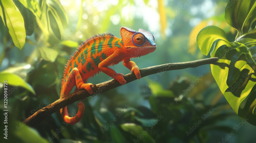 vibrant orange panther chameleon on tree branch in tropical rainforest sunlight: a vivid wildlife close-up showcasing colorful reptile camouflage in nature photography