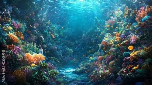 57.32. An expansive underwater shot capturing the rich biodiversity of a coral reef, with a mix of soft and hard corals, fish, and sea plants swaying in the gentle current.