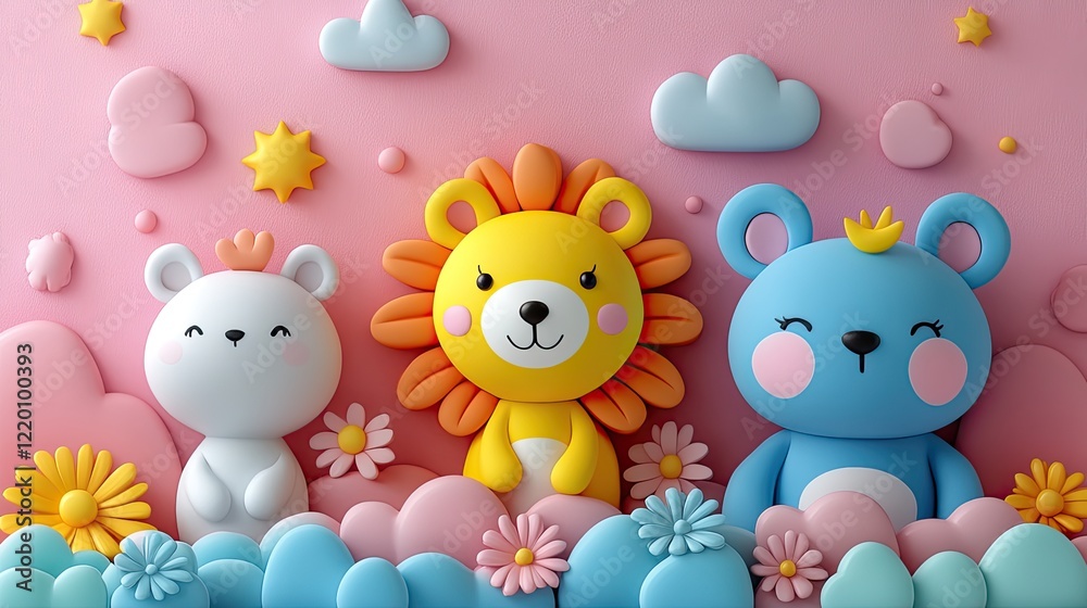 Naklejka premium Trendy pastel pink kawaii background with cute air plasticine cartoon animals, a sweet and charming design.