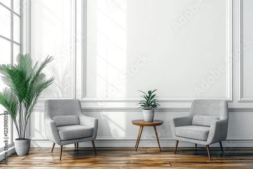 Modern Minimalist Setup: White Wall, Light Wood Floor, Grey Chairs and Table with Plant Pot under Soft Lighting photo