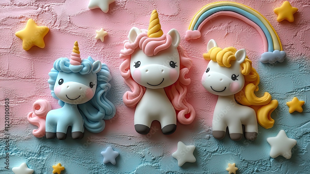Trendy pastel pink kawaii background with cute air plasticine handmade cartoon animals, unicorns, stars, and rainbows. Trendy pastel pink kawaii background with cute air plasticine handmade cartoon animals, unicorns, stars, and rainbows.