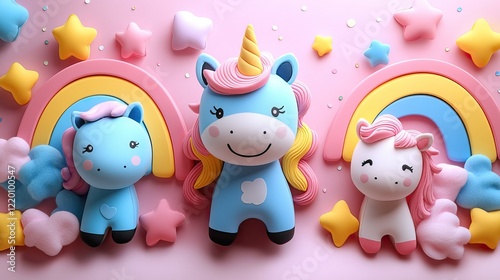 Trendy pastel pink kawaii background with cute handmade cartoon animals, unicorns, stars, and rainbows in candycore style. photo