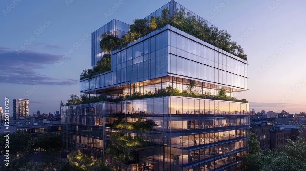 88.4. A modern city building with large glass windows, featuring rooftop greenery and trees growing along the sides, designed for energy efficiency and reducing the heat island effect, against a blue 88.4. A modern city building with large glass windows, featuring rooftop greenery and trees growing along the sides, designed for energy efficiency and reducing the heat island effect, against a blue