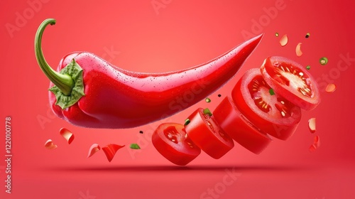 A vibrant red pepper with sliced tomatoes and floating herbs on a red background