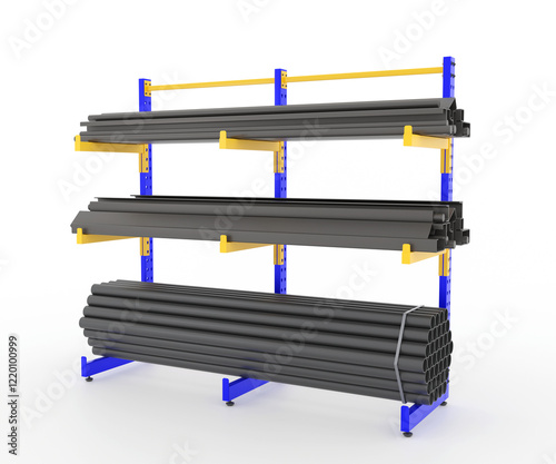 Foto Cantilever Racking shelf, steel pipes, Industrial warehouse, 3D Rendering