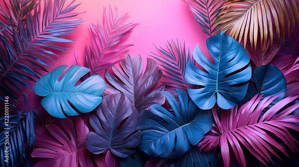 Trendy turquoise colored close-up of various tropical leaves against a vibrant pink and violet background. Trendy turquoise colored close-up of various tropical leaves against a vibrant pink and violet background.