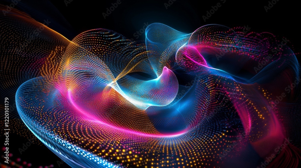 Fototapeta premium 81.3. A sleek and modern 3D cyber design, featuring abstract circular particles and dots in a swirling vortex pattern, representing the flow of complex data in a futuristic, digital space filled with