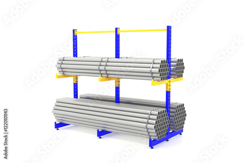 Foto Cantilever Racking shelf, steel pipes, Industrial warehouse, 3D Rendering