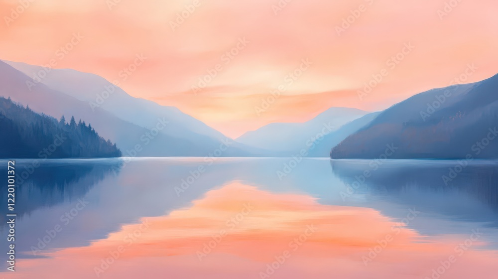 A tranquil lakeside view at dusk, with soft pink and orange hues reflecting on the calm water, inspiring calmness and introspection A tranquil lakeside view at dusk, with soft pink and orange hues reflecting on the calm water, inspiring calmness and introspection