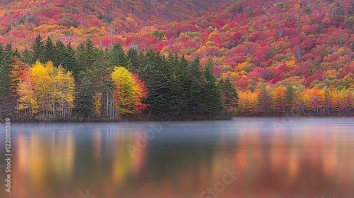 A calm river flows peacefully through the countryside, bordered by trees with vibrant autumn colors. The riverâ€™s smooth surface reflects the brilliant reds, yellows, and oranges of the foliage, photo