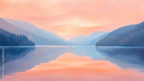 A tranquil lakeside view at dusk, with soft pink and orange hues reflecting on the calm water, inspiring calmness and introspection