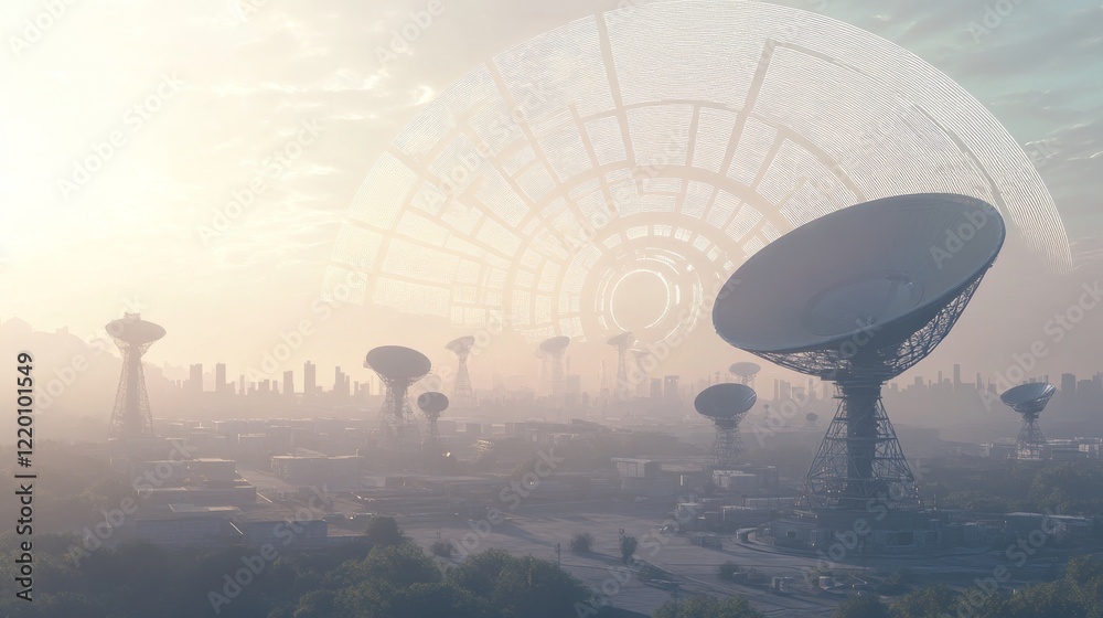 Obraz premium 9.2. A 3D-rendered telecom base station featuring a large antenna array and small satellite dishes, with radiating concentric waves and a nearby urban landscape.