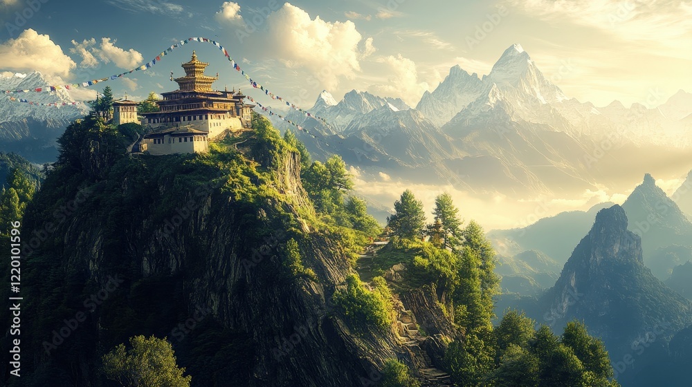A tranquil monastery on a mountaintop with prayer flags fluttering in the wind, inspiring spirituality and peace. A tranquil monastery on a mountaintop with prayer flags fluttering in the wind, inspiring spirituality and peace.