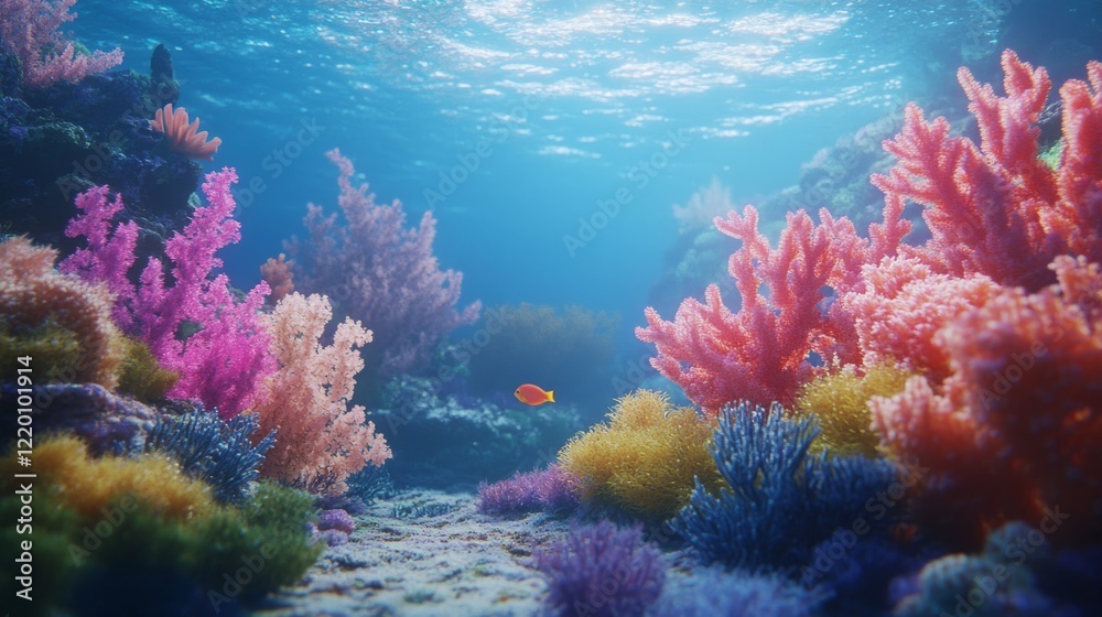 Fototapeta premium 48.23. Underwater view showcasing a vibrant coral reef with a variety of coral formations and marine plants, exhibiting a biodiverse ecosystem
