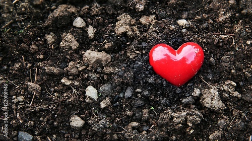 A red heart is placed in the dirt