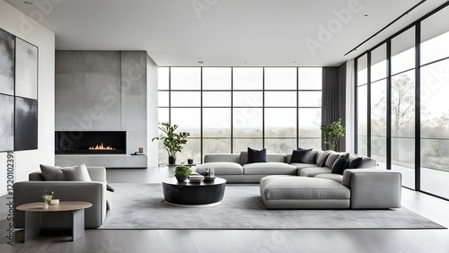 Modern minimalist living room interior with a large gray sectional sofa, fireplace, and expansive windows offering scenic views.
