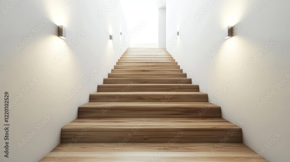 Fototapeta premium A wooden staircase in the hallway of a modern, minimalist house, with white walls, a wooden floor, and wall lighting sconces.