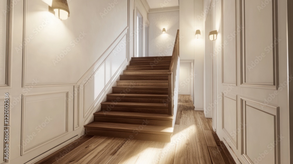 Fototapeta premium A wooden staircase in the hallway of a modern, minimalist house, with white walls, a wooden floor, and wall lighting sconces.