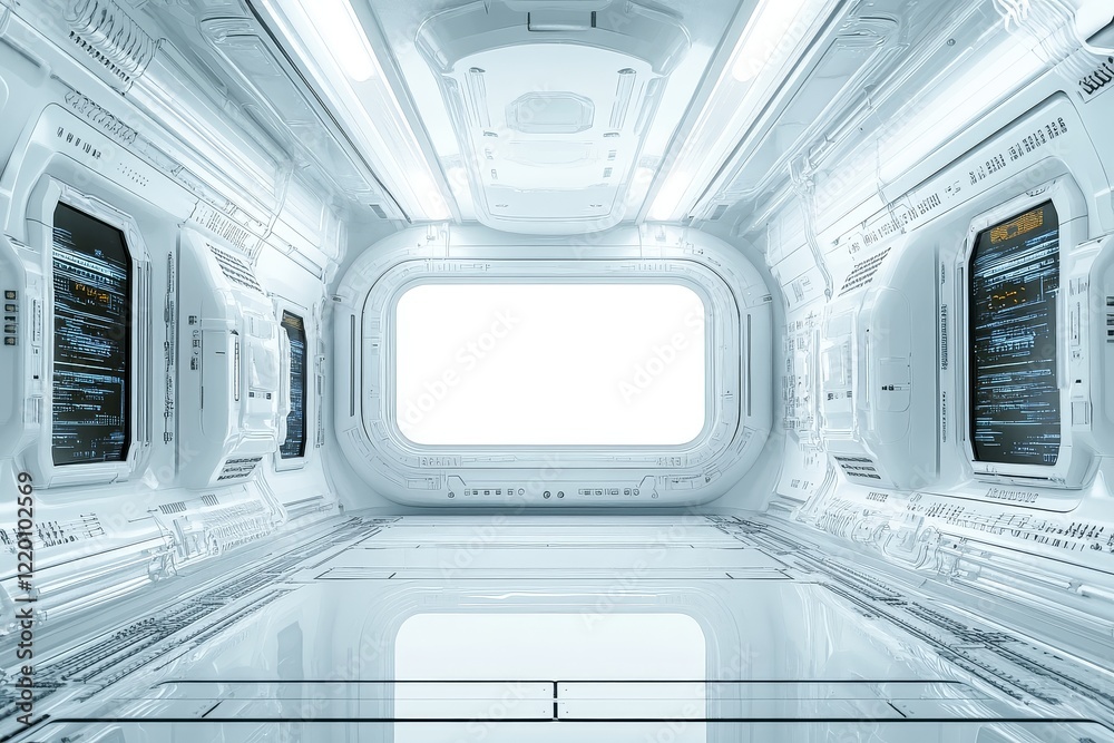 Fototapeta premium Empty virtual screen on white background inside sci-fi space station, circuit board patterns, high-tech ambiance, digital screens, metallic surfaces, and subtle lighting, futuristic clean design.
