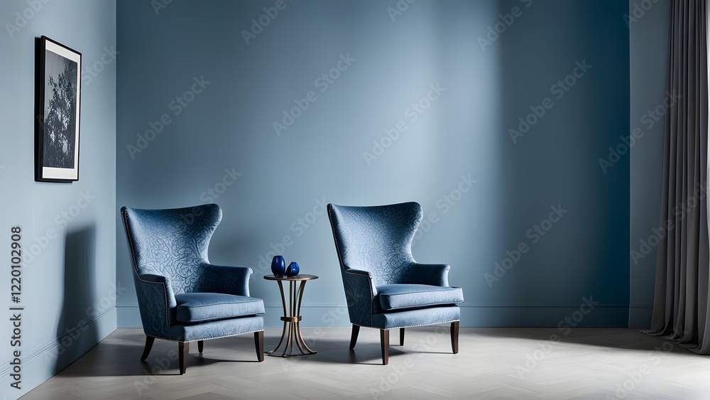 Two elegant blue wingback chairs flank a small gold side table in a stylish room with a blue wall and herringbone floor.
