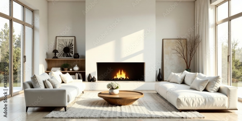 Obraz premium Modern minimalist living room design featuring a cozy fireplace and expansive windows, showcasing a serene atmosphere perfect for relaxation and quiet contemplation.