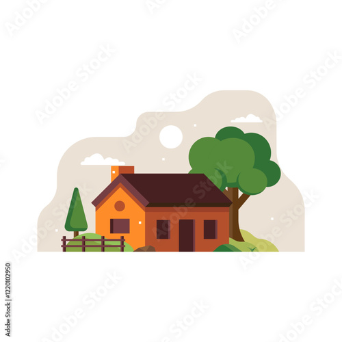 Cozy Countryside House Illustration Under a Bright Sky with Trees