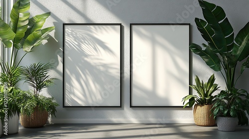 Two empty white posters with leaf shadows on a grey wall. Flat lay for mockups and minimalist design.