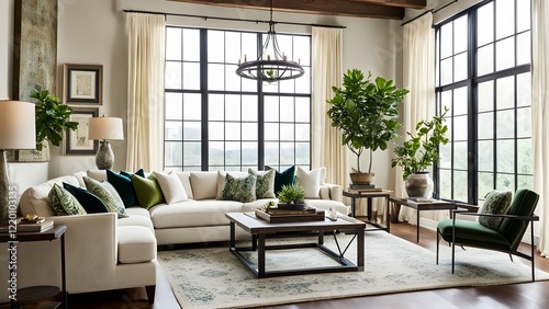 Luxurious living room interior with large windows, cream sectional sofa, green accents, and a rustic modern coffee table.