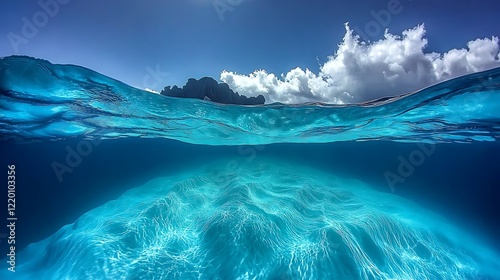 The sea is alive with vibrant blue color, the gentle waves rolling lazily towards the shore under the midday sun. The ocean's surface shimmers as it moves, creating a serene, peaceful moment