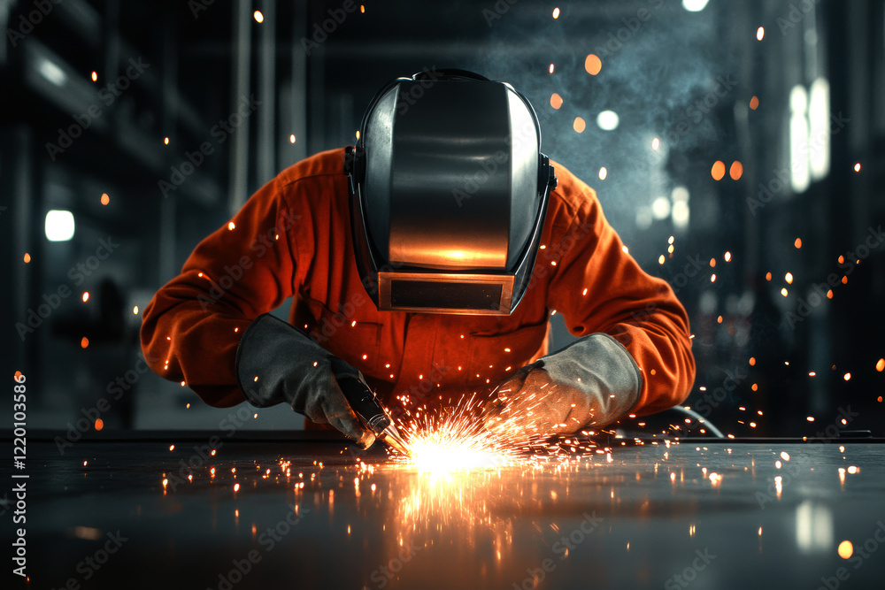 A skilled welder creates intricate designs while sparks fly around in a dimly lit workshop. A skilled welder creates intricate designs while sparks fly around in a dimly lit workshop.