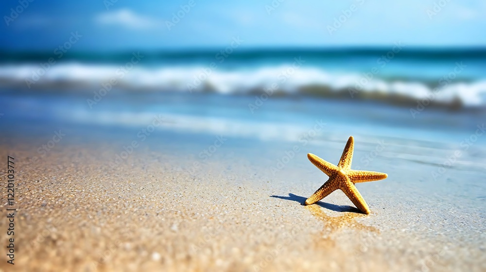 A starfish is laying on the beach, with the ocean in the background A starfish is laying on the beach, with the ocean in the background