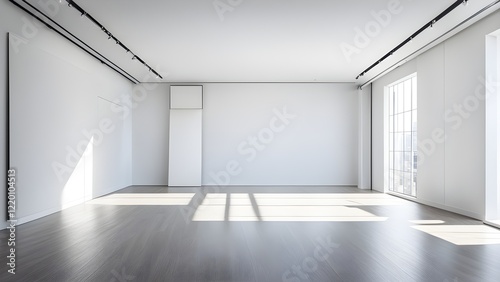 Sunlit minimalist empty room with gray wood floor, white walls, large window, and track lighting.
