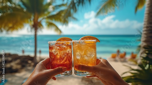 Two hands raise glasses of colorful cocktails with orange slices on a tropical beach with palm trees and blue skies.