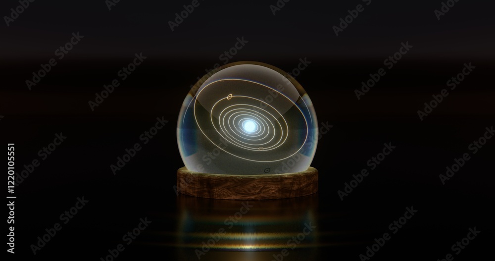 Planetary system within glass globe. Diffraction of light and caustics. 3D rendering. Planetary system within glass globe. Diffraction of light and caustics. 3D rendering.