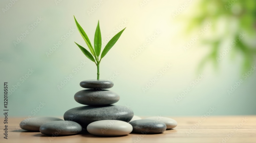 Obraz premium Serene Stack of Smooth Stones with a Vibrant Sprout, Representing Growth and Tranquility on a Wooden Surface