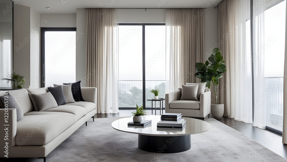 Modern minimalist living room with beige sofa, armchair, and coffee table, featuring floor-to-ceiling windows with sheer curtains offering a scenic view.