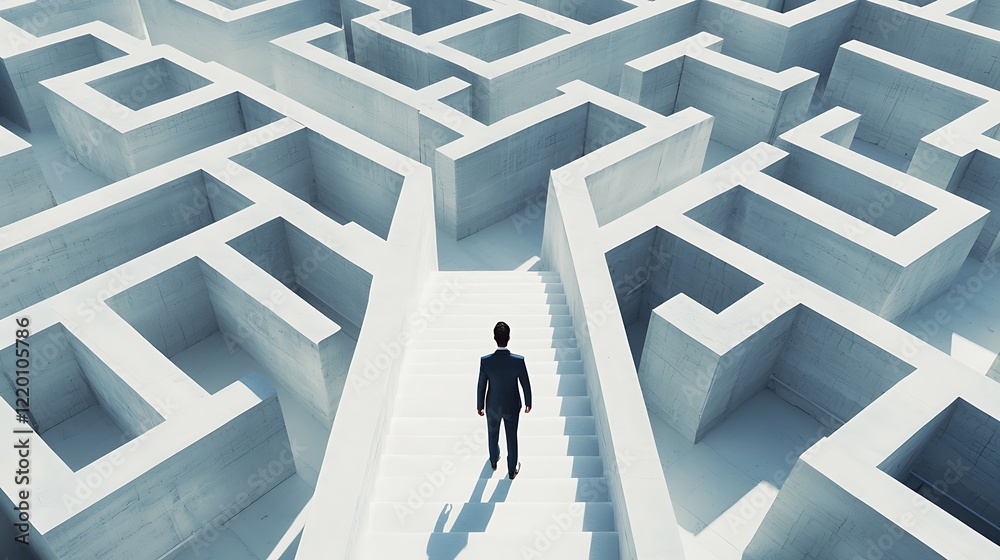 A man is walking up a set of stairs in a maze