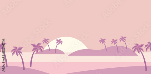 Seamless Tropical Resort Landscape At Sunrise Vector Flat-Style Illustration. Horizontally Repeatable.